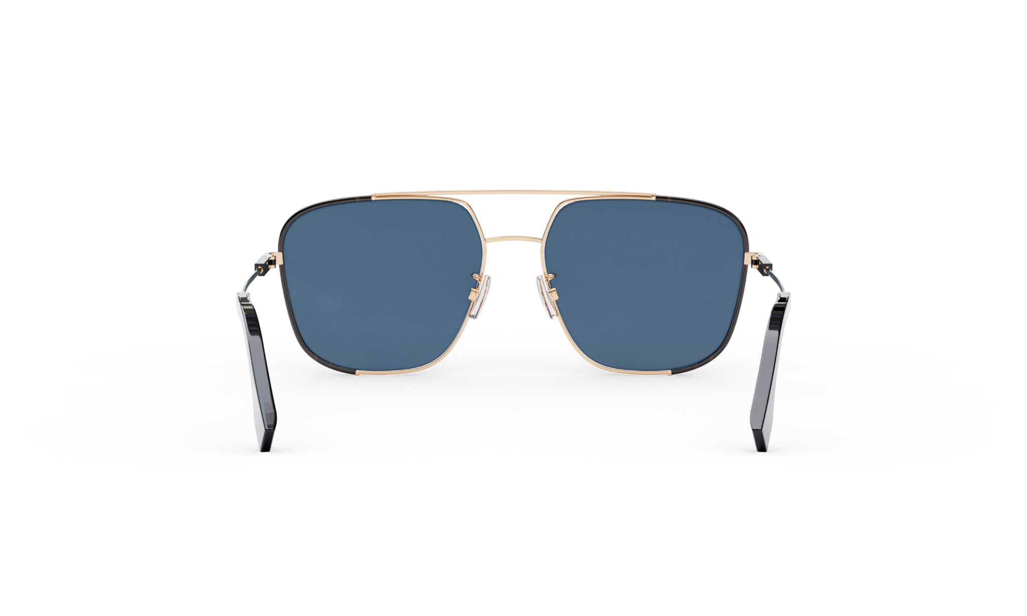 A pair of aviator sunglasses with dark blue lenses and gold-colored frames.