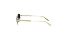 A pair of gold-colored sunglasses with black lenses.