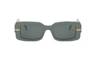 A pair of dark green rectangular sunglasses with gold accents.