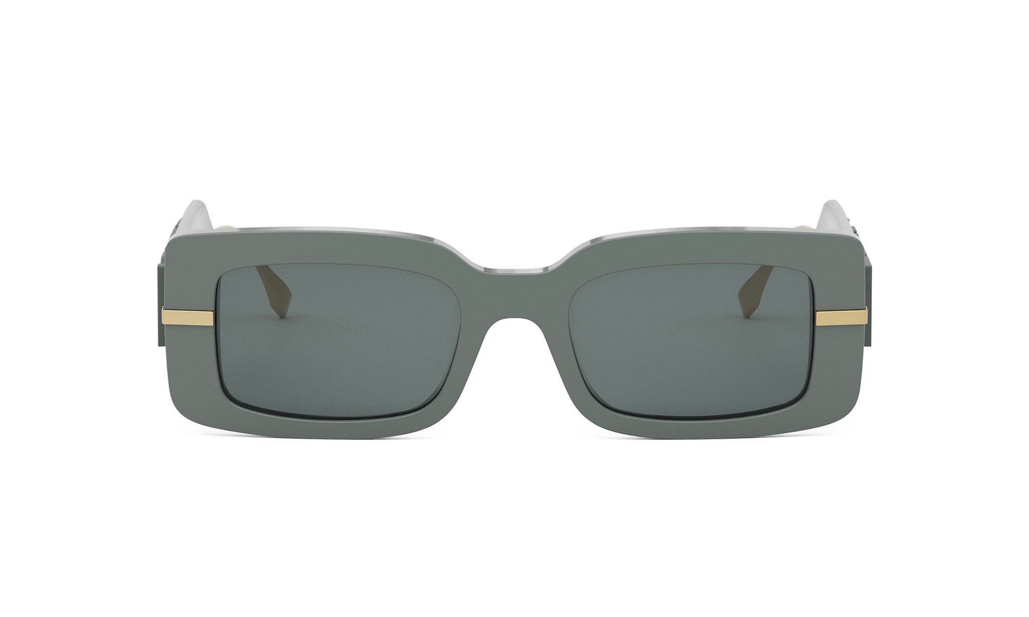 A pair of dark green rectangular sunglasses with gold accents.