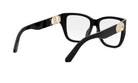 A pair of black-framed glasses with gold accents, featuring a gold-colored Dior logo on the temples.