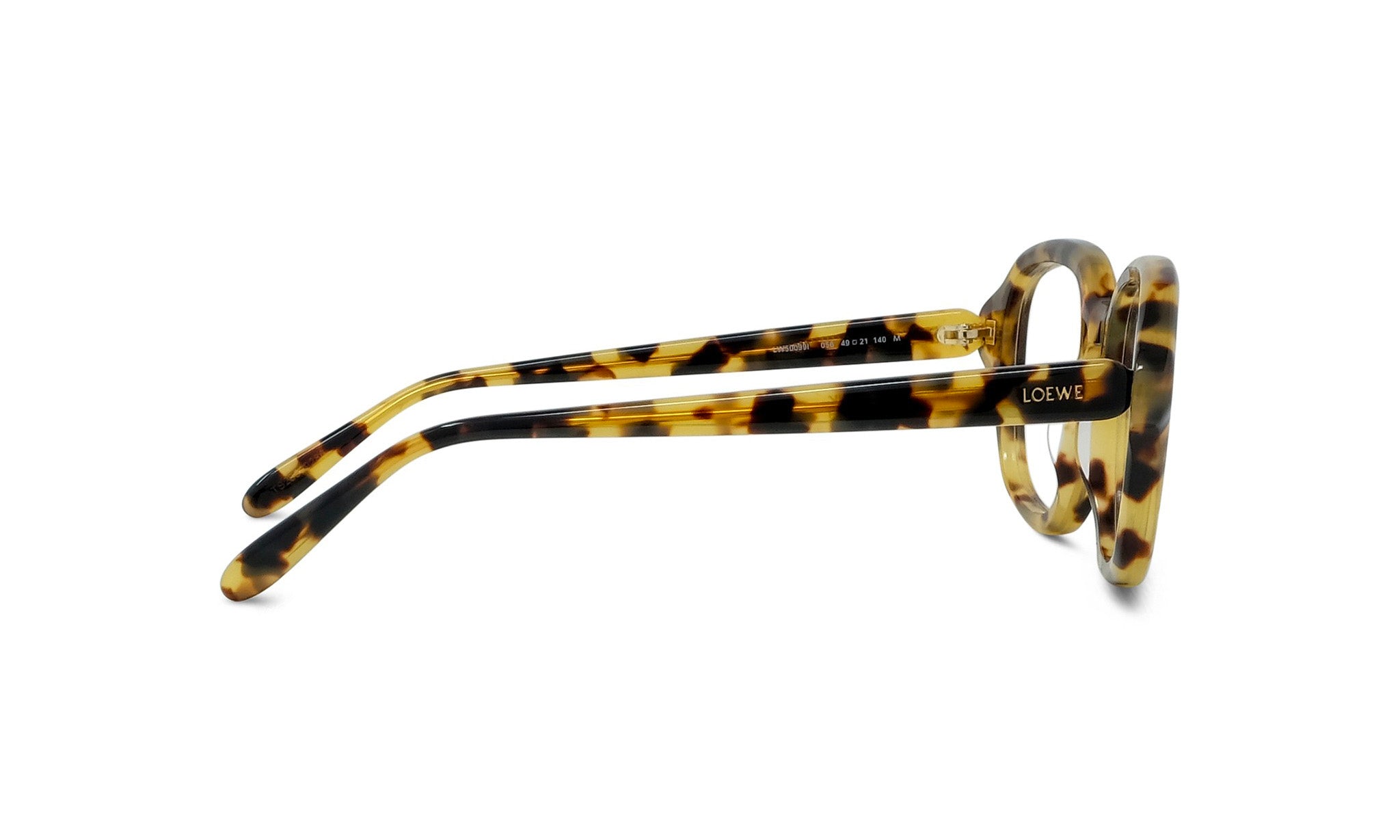 A pair of tortoiseshell-patterned eyeglasses with the LESS THAN 500 logo visible on the temples.