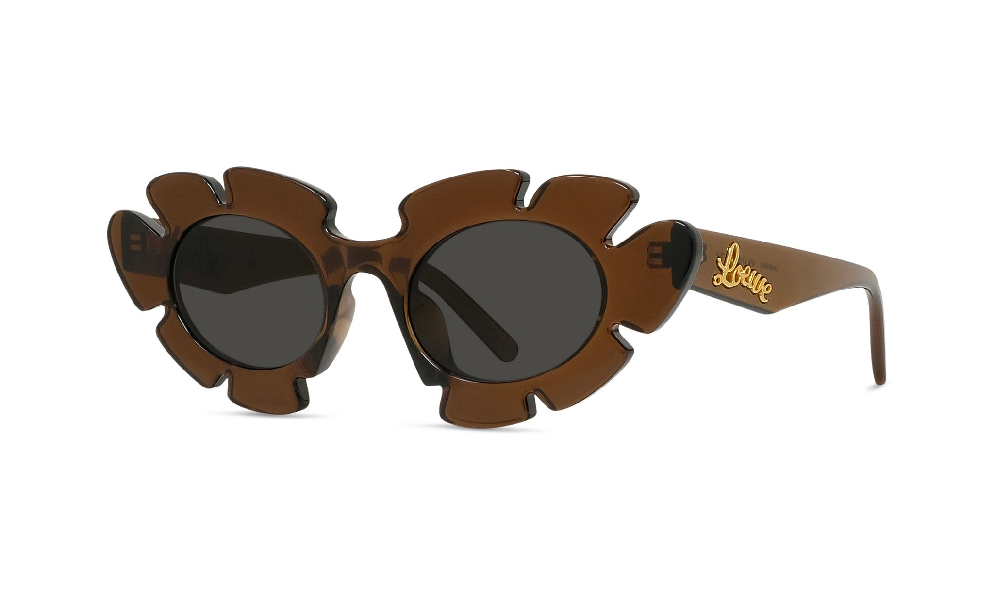 Brown sunglasses with a unique, ruffled design.