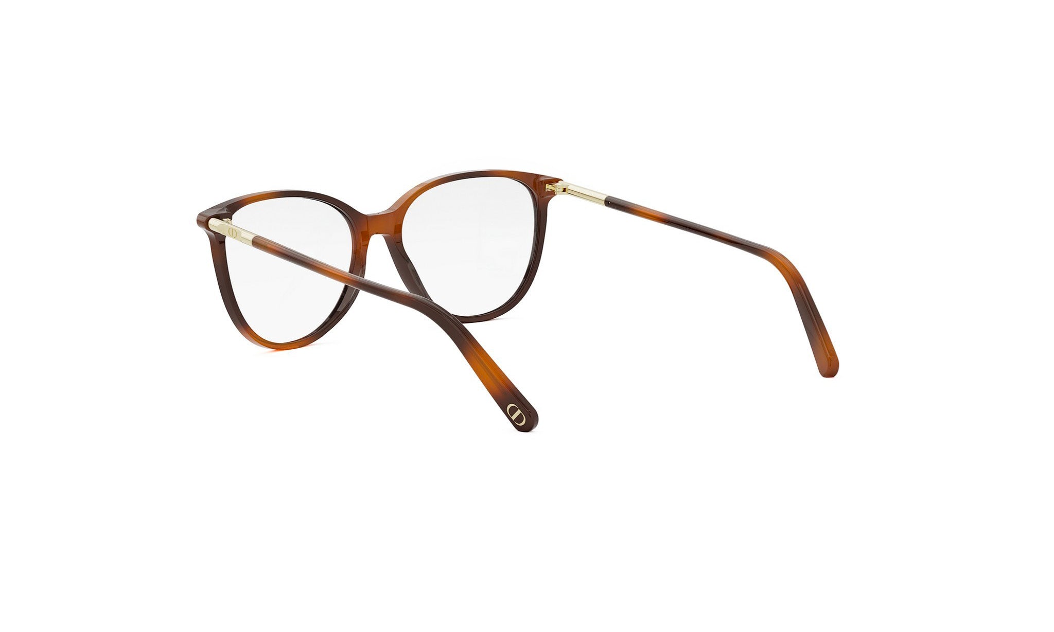 A pair of brown-framed glasses with clear lenses, positioned in a way that the temples are pointing towards the top left corner of the image.