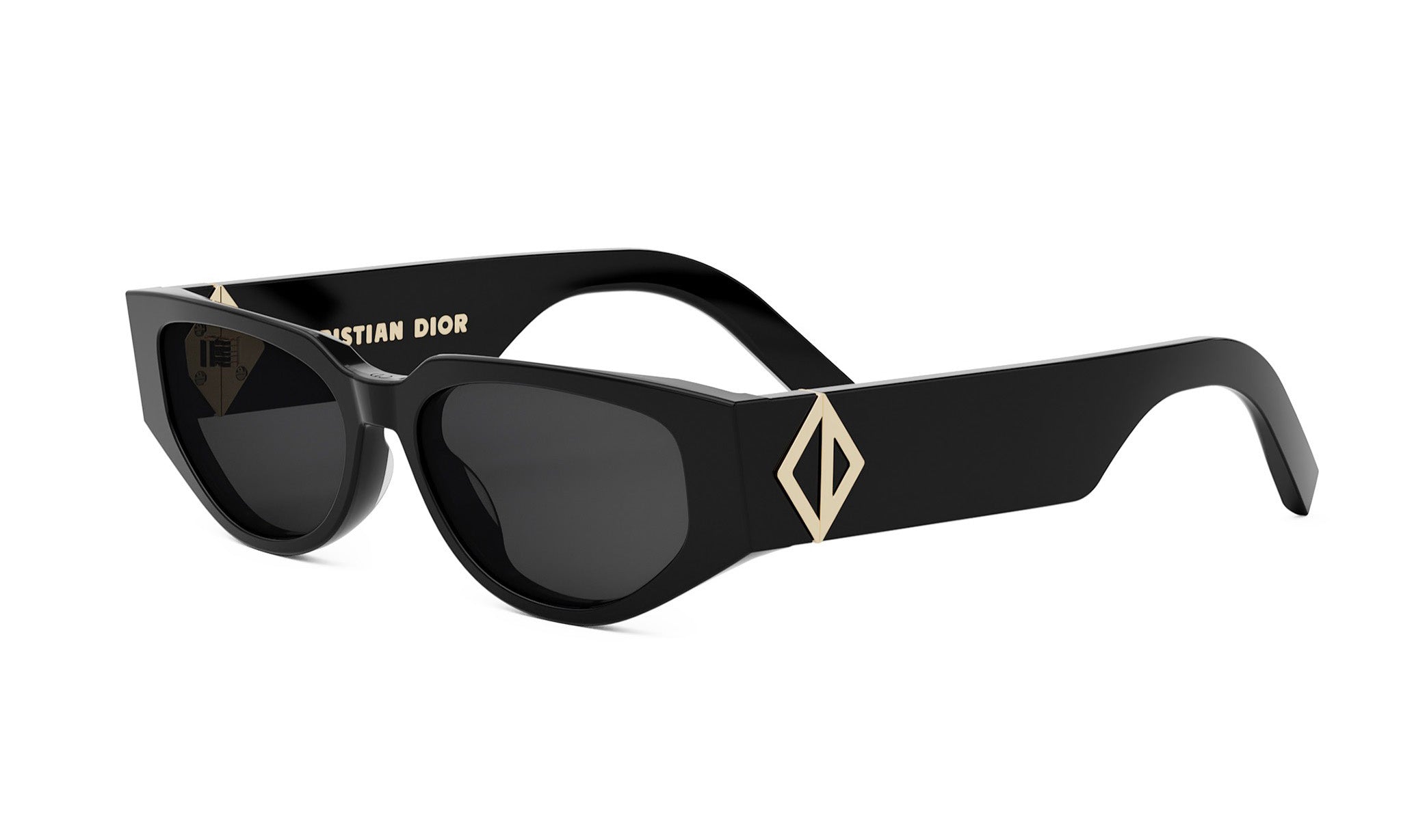 A pair of black sunglasses with a distinctive diamond-shaped accent on the frame.
