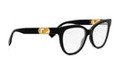 A pair of black cat-eye framed glasses with gold accents.