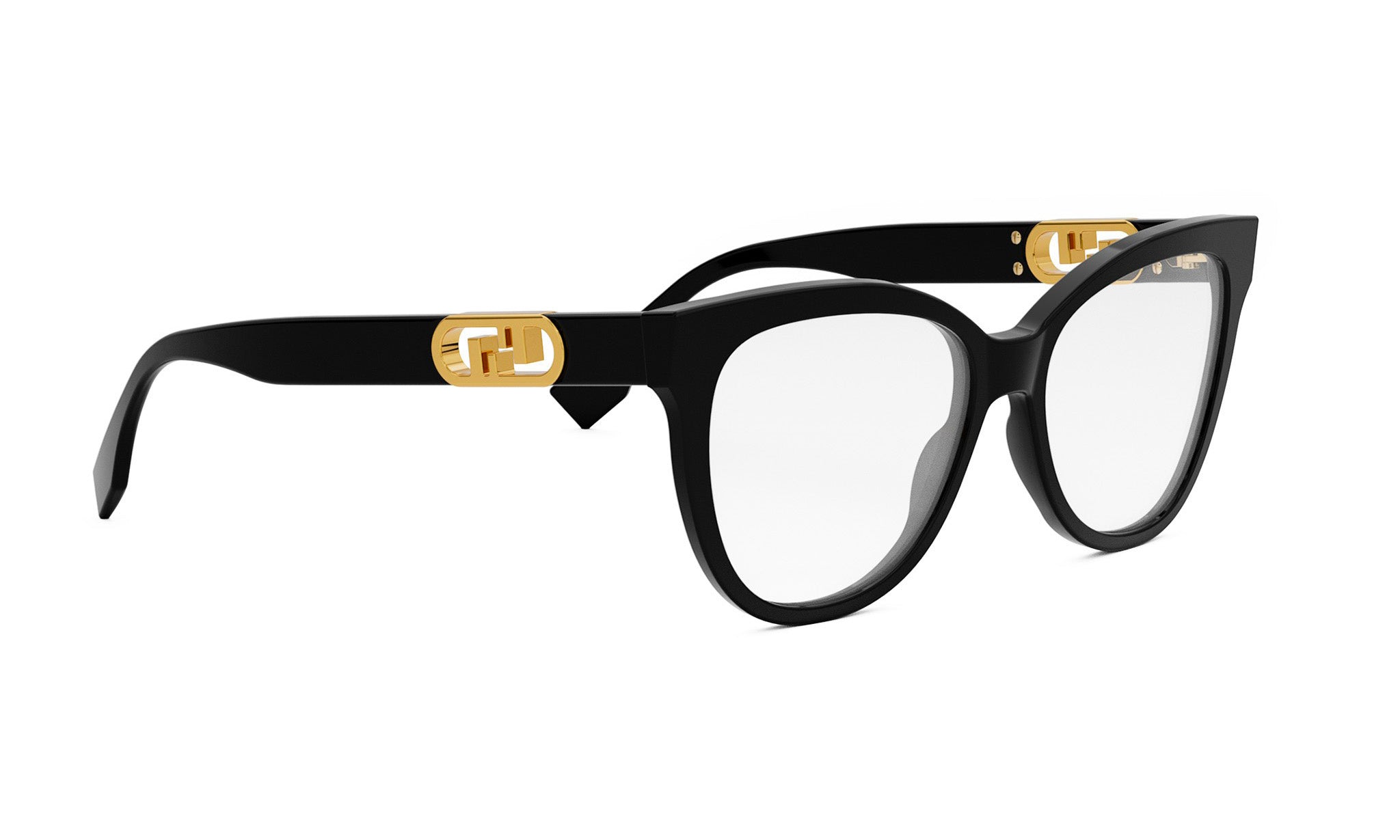A pair of black cat-eye framed glasses with gold accents.