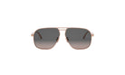 A pair of aviator sunglasses with a gold frame and dark lenses.