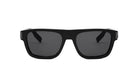A pair of black sunglasses with dark lenses.