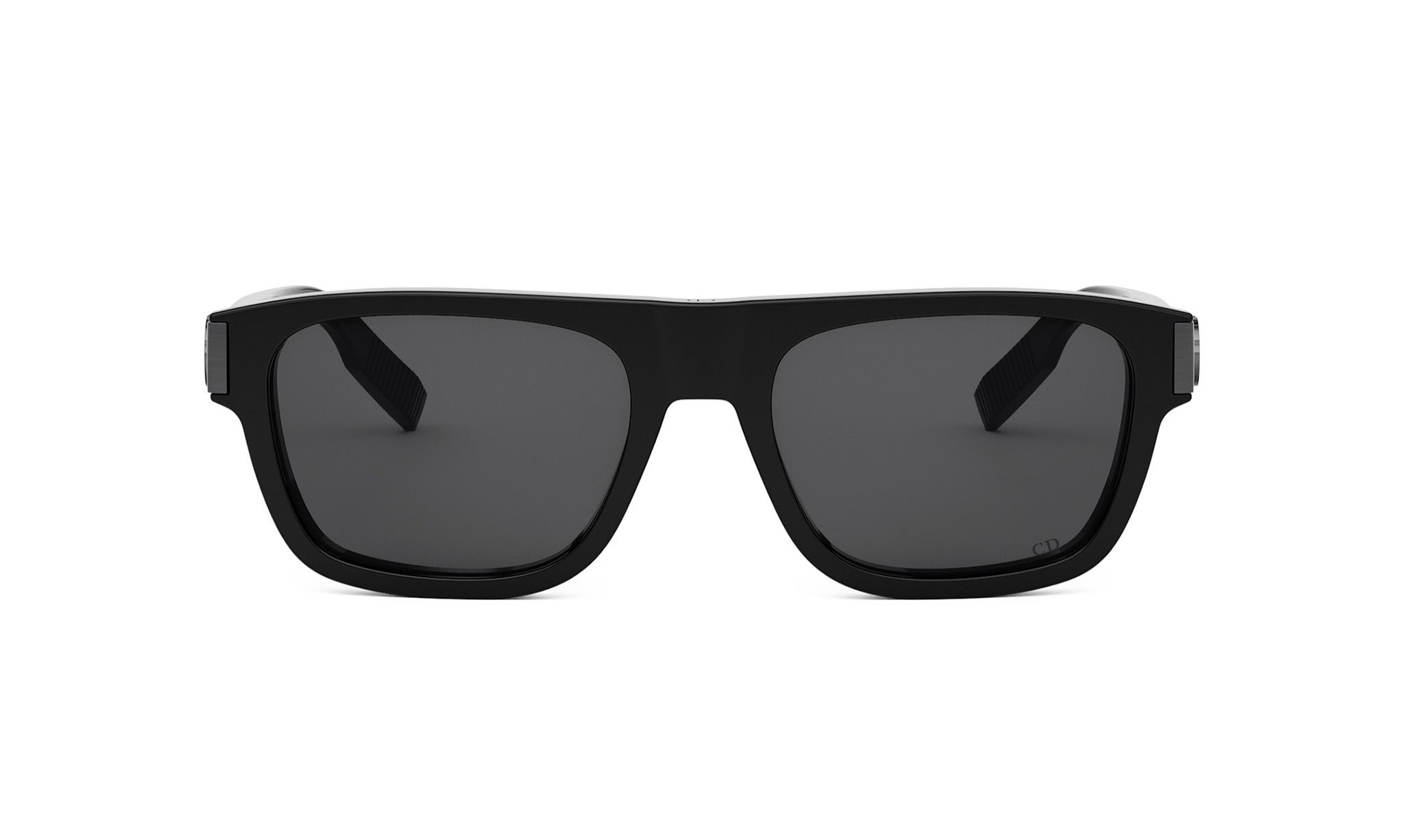 A pair of black sunglasses with dark lenses.