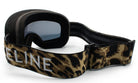 A pair of black ski goggles with a camouflage patterned strap.