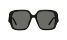 A pair of black sunglasses with dark lenses.