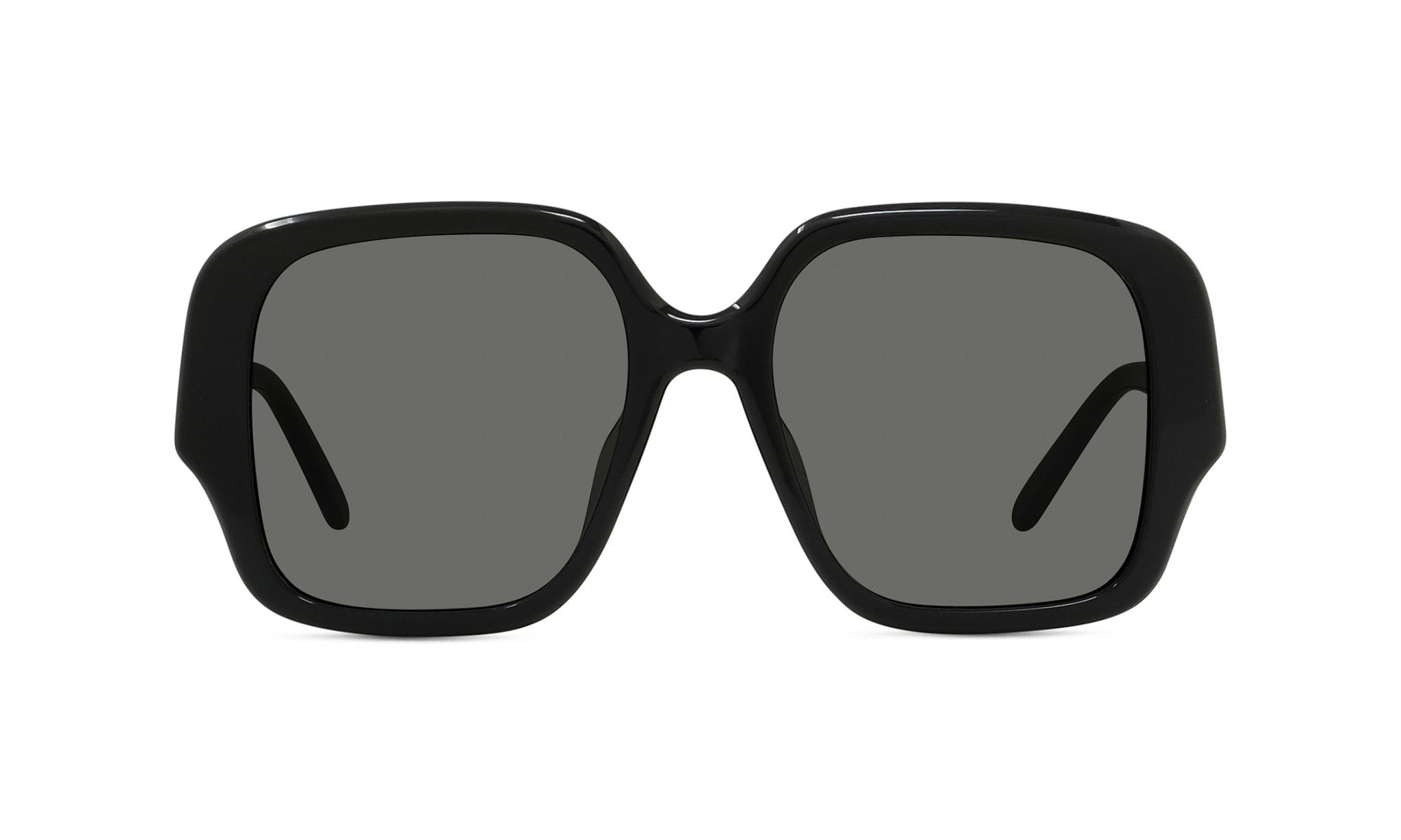 A pair of black sunglasses with dark lenses.