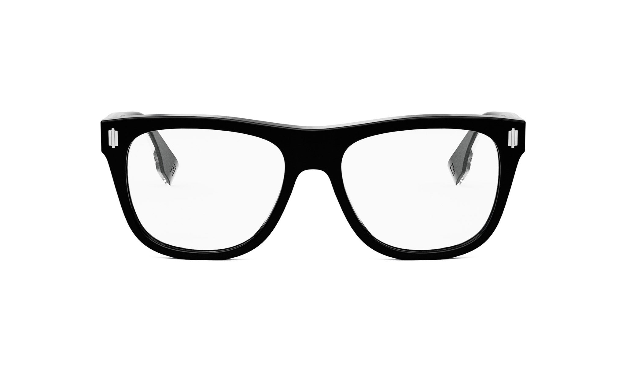 A pair of black-framed glasses with clear lenses, set against a white background.