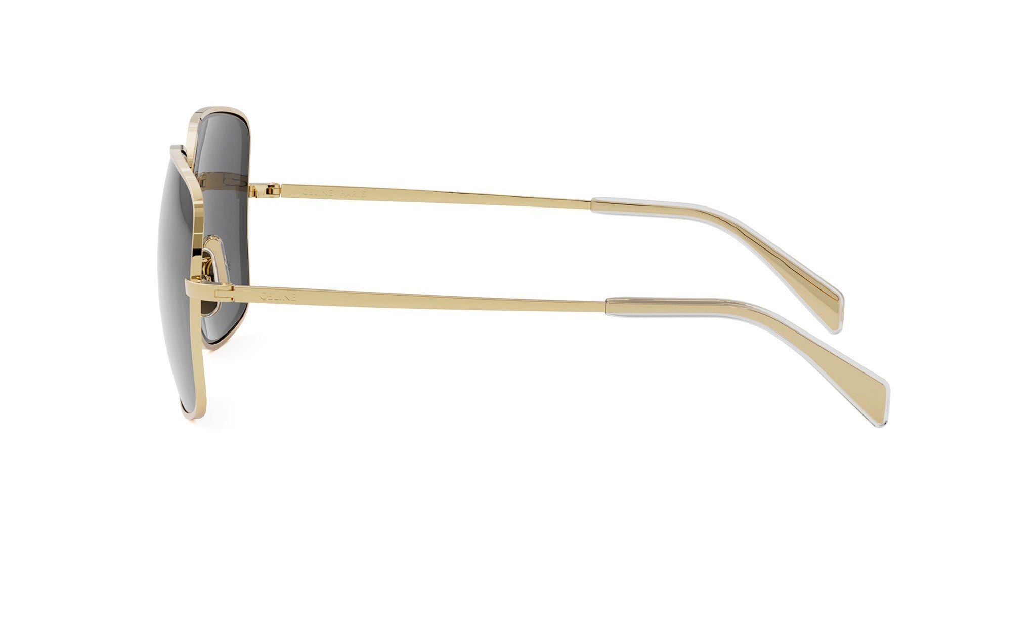 A pair of gold-colored sunglasses with dark lenses.