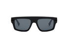 A pair of black sunglasses with dark lenses.