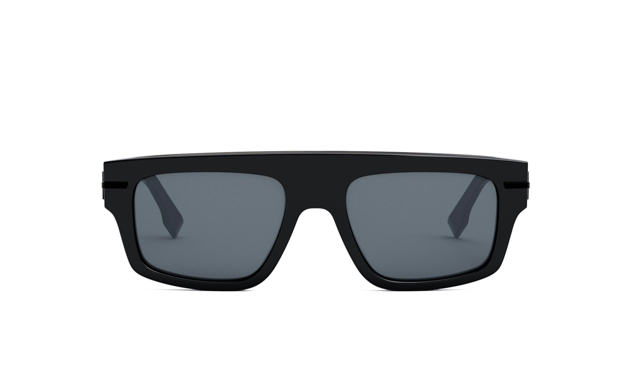 A pair of black sunglasses with dark lenses.