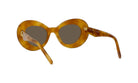 A pair of brown, round sunglasses with gold accents.