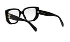 A pair of black-framed glasses with a gold logo on the temples.