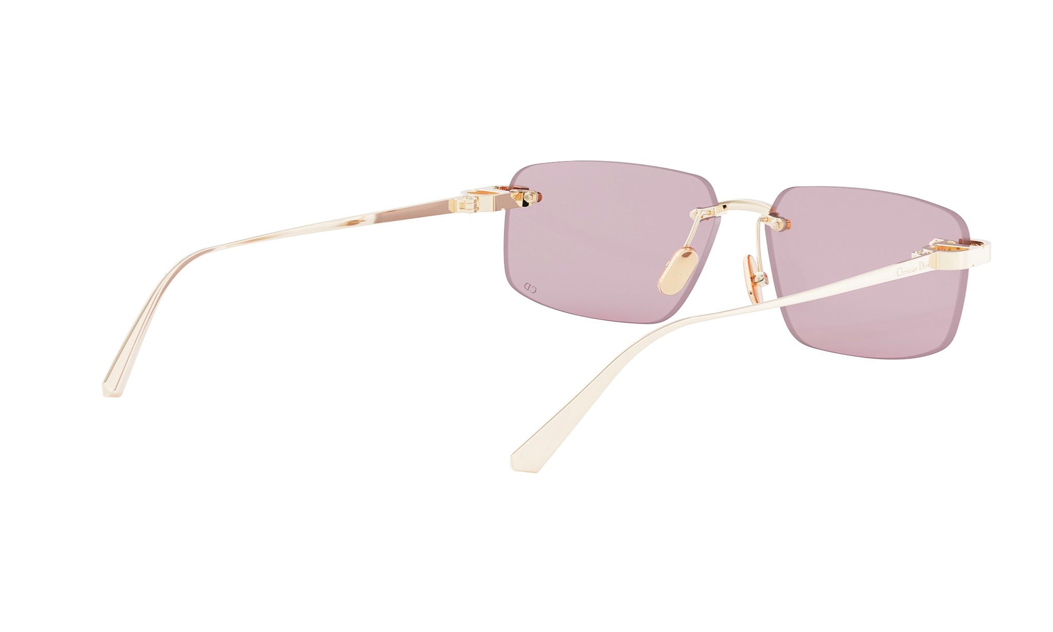 A pair of gold-colored rimmed sunglasses with purple lenses.