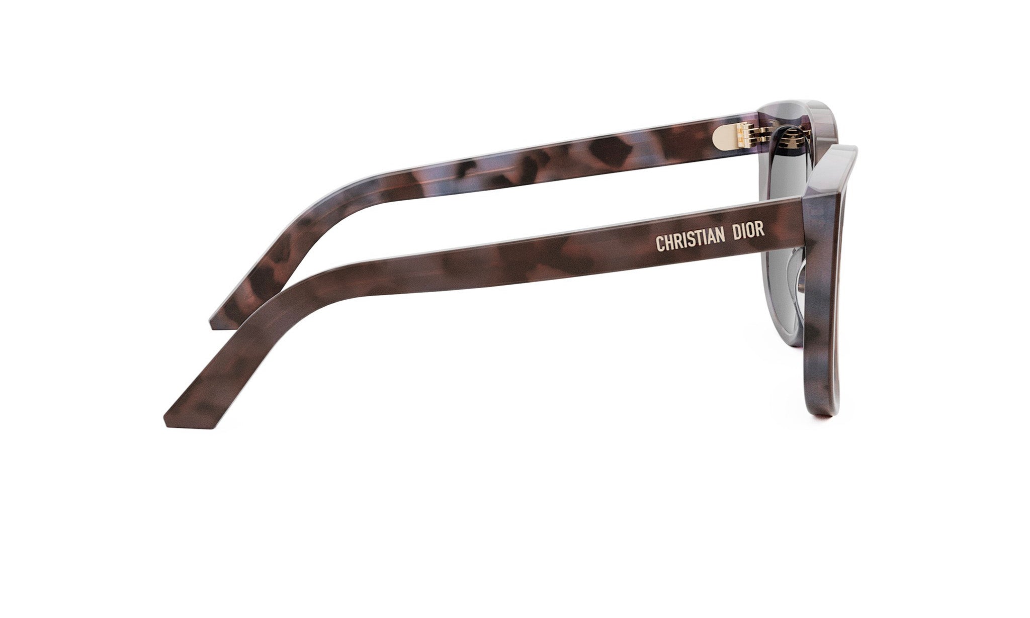 A pair of dark-colored sunglasses with the brand name "Christian Dior" printed on the frame.