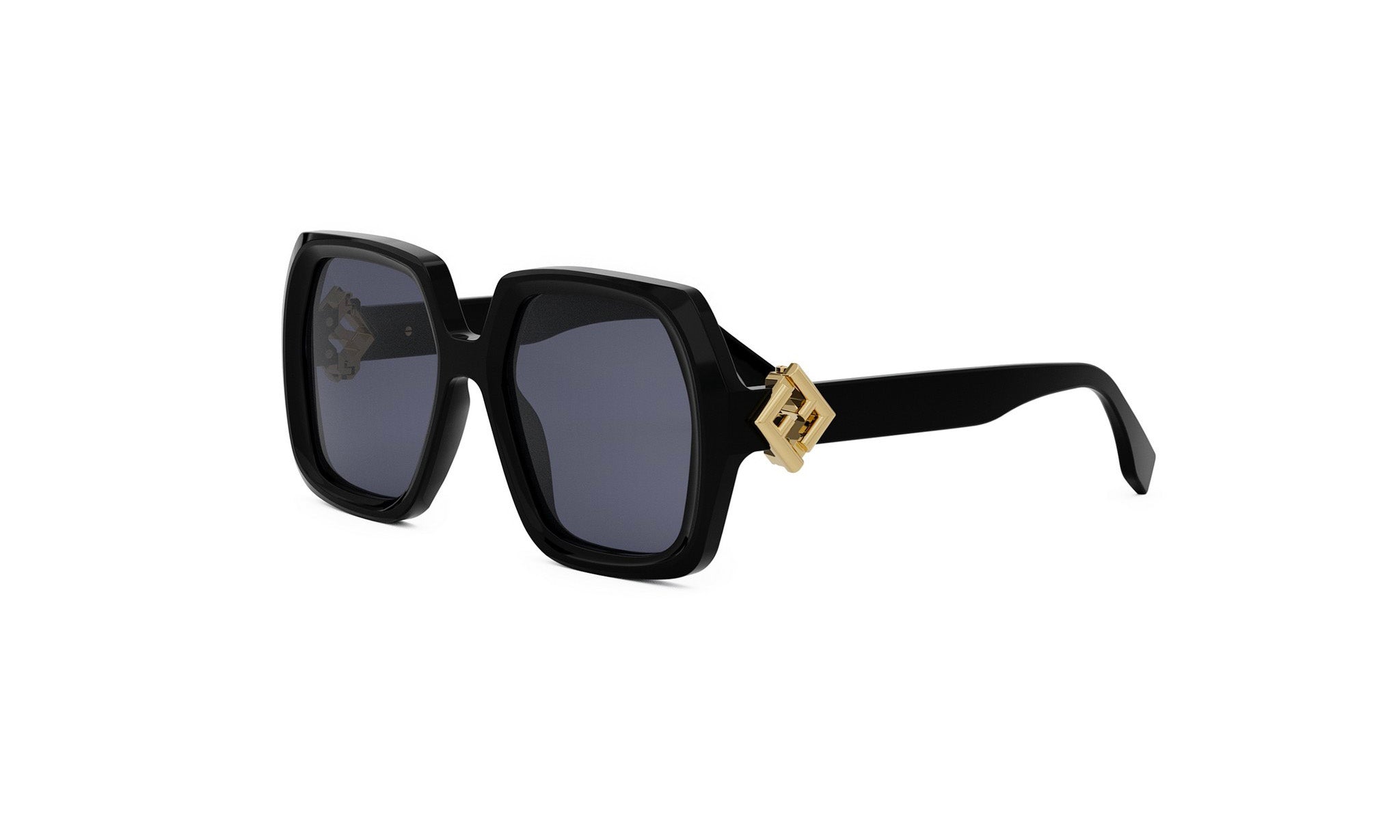 A pair of black sunglasses with a gold-colored frame and a diamond-shaped accent.