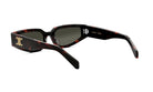 A pair of sunglasses with a dark frame and dark lenses, featuring a distinctive logo on the frame.