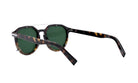 A pair of sunglasses with dark green lenses and a dark brown frame.