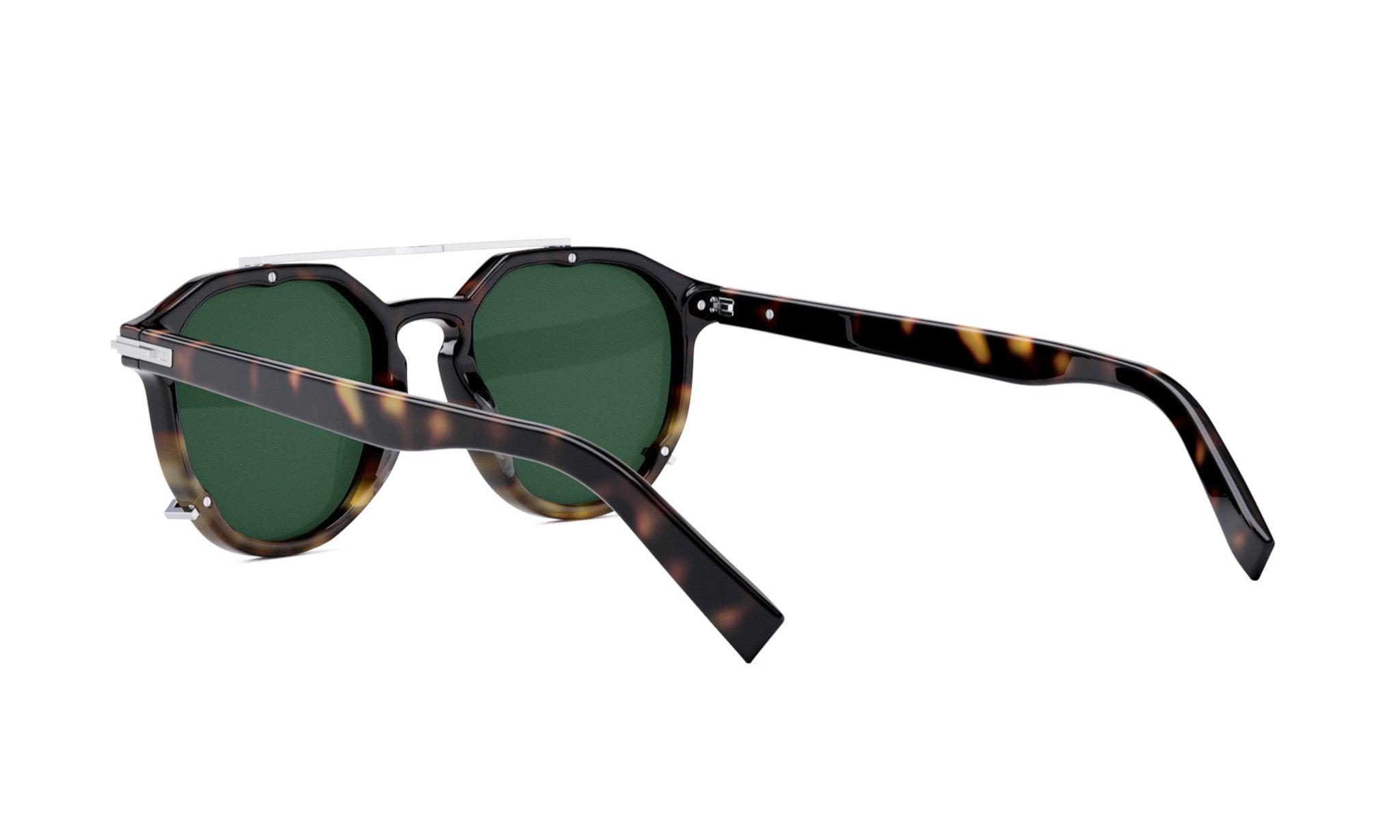 A pair of sunglasses with dark green lenses and a dark brown frame.