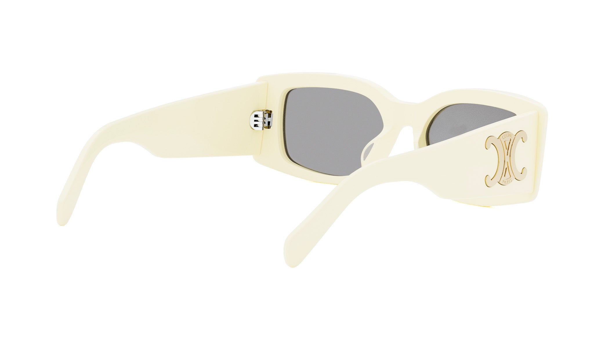 A pair of white sunglasses with a gold logo on the frame.