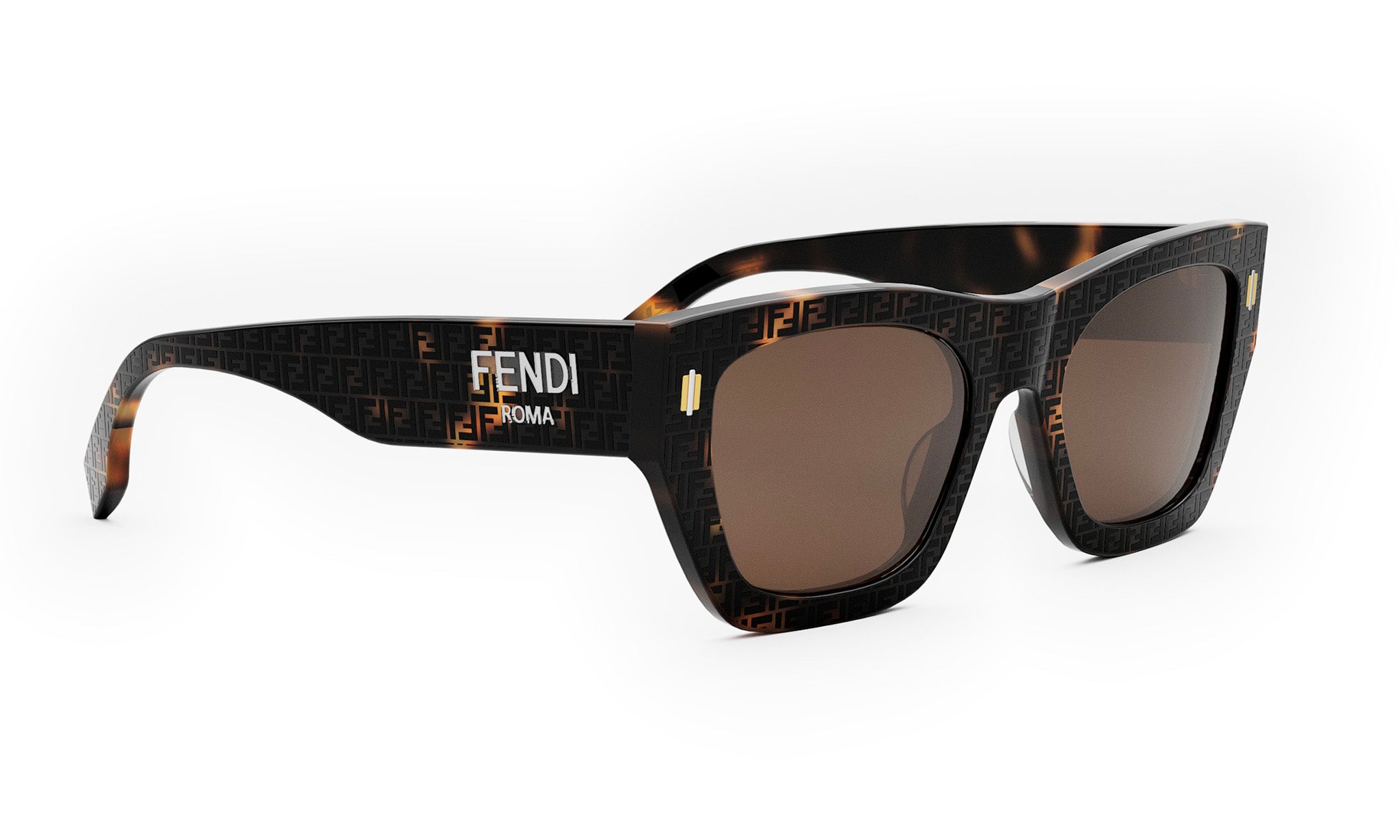 A pair of stylish sunglasses with a dark frame and brown lenses.
