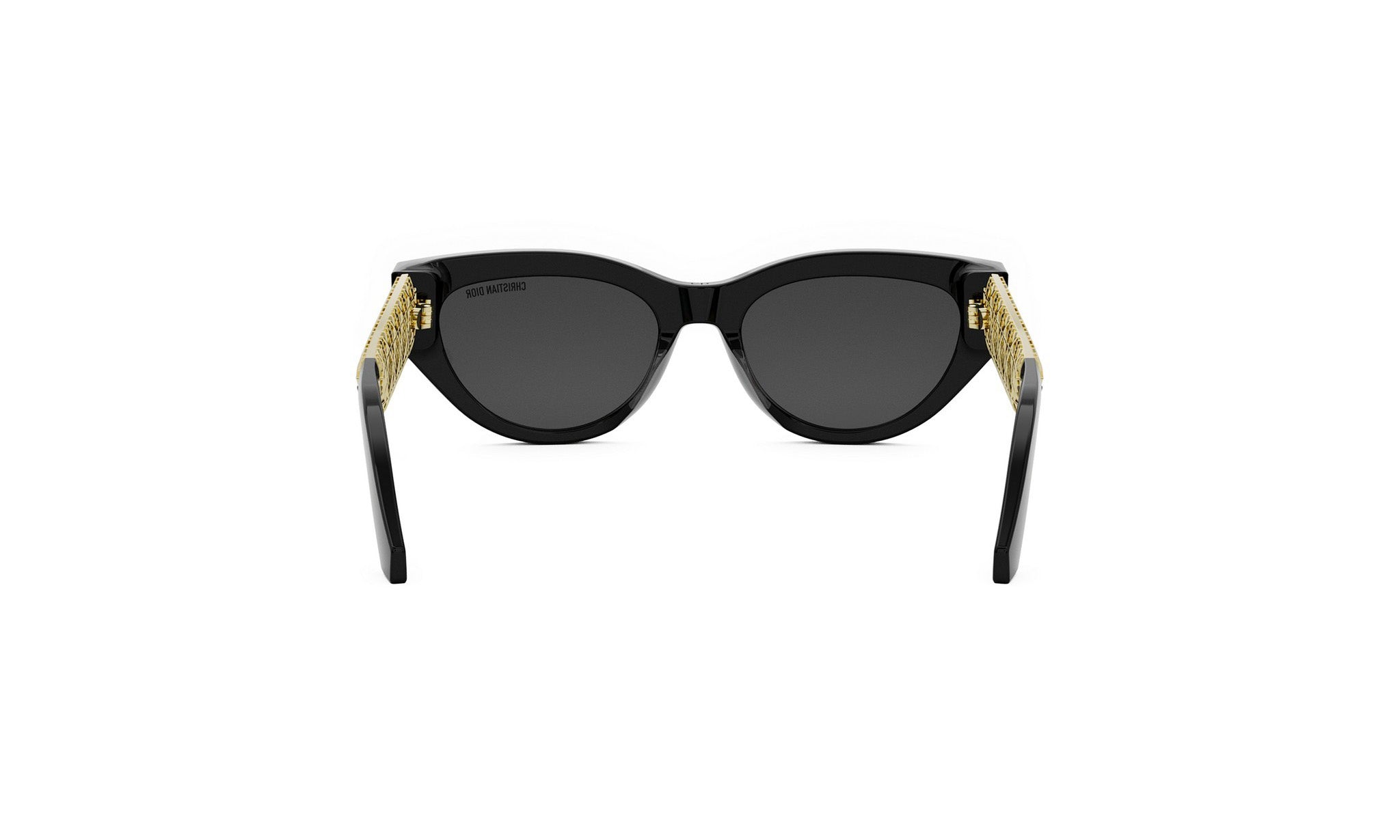 A pair of black cat-eye sunglasses with gold accents.