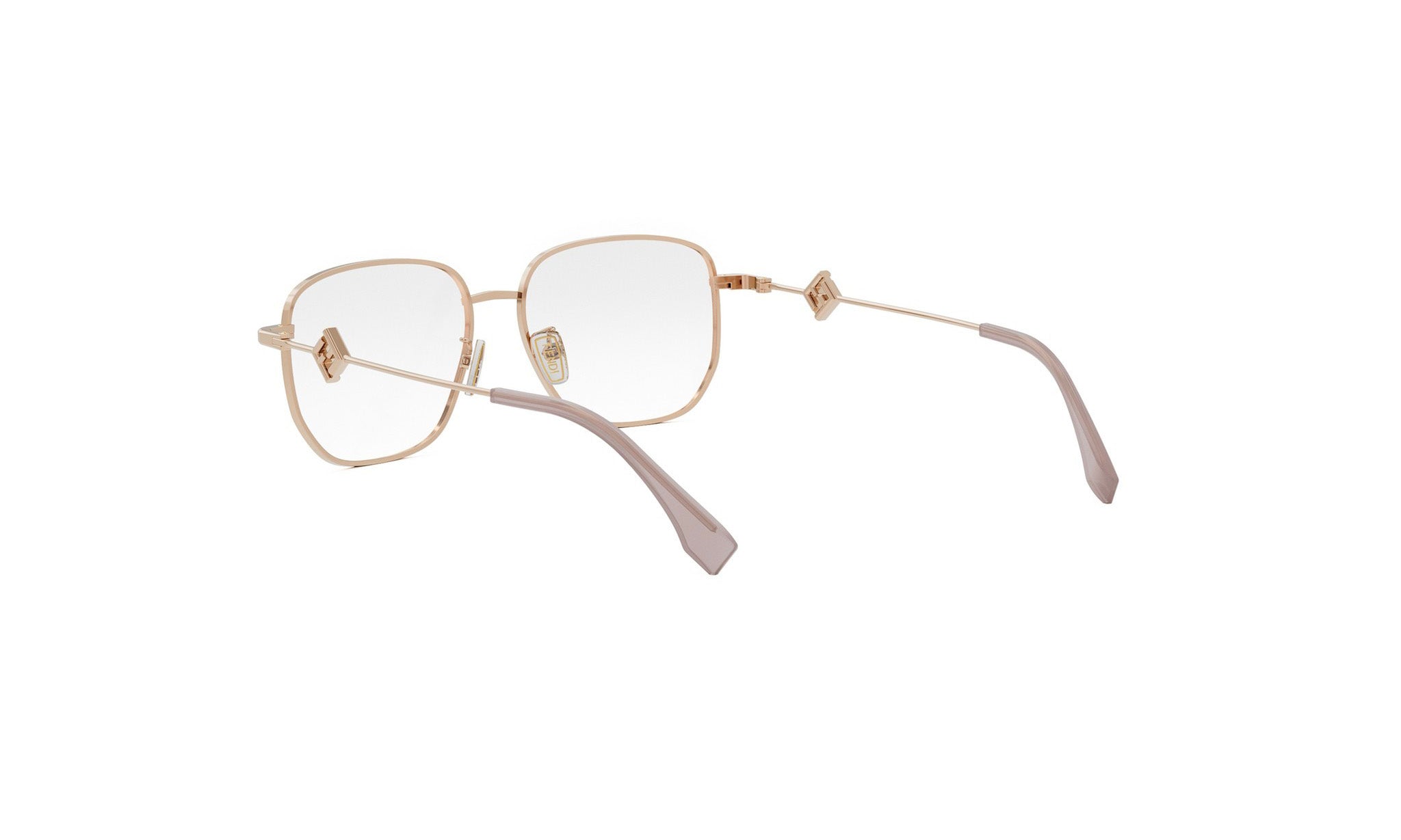 A pair of gold-colored, square-framed glasses with clear lenses.
