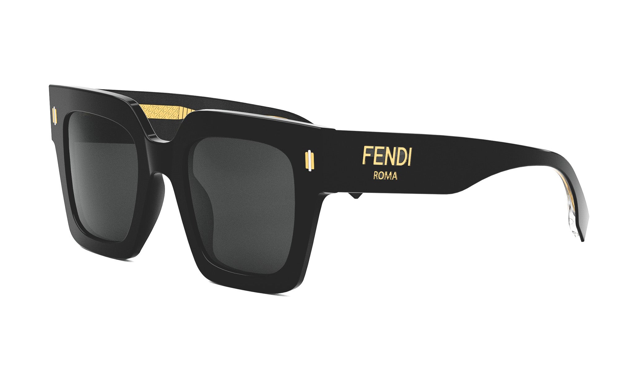 A pair of black Fendi sunglasses with gold accents.
