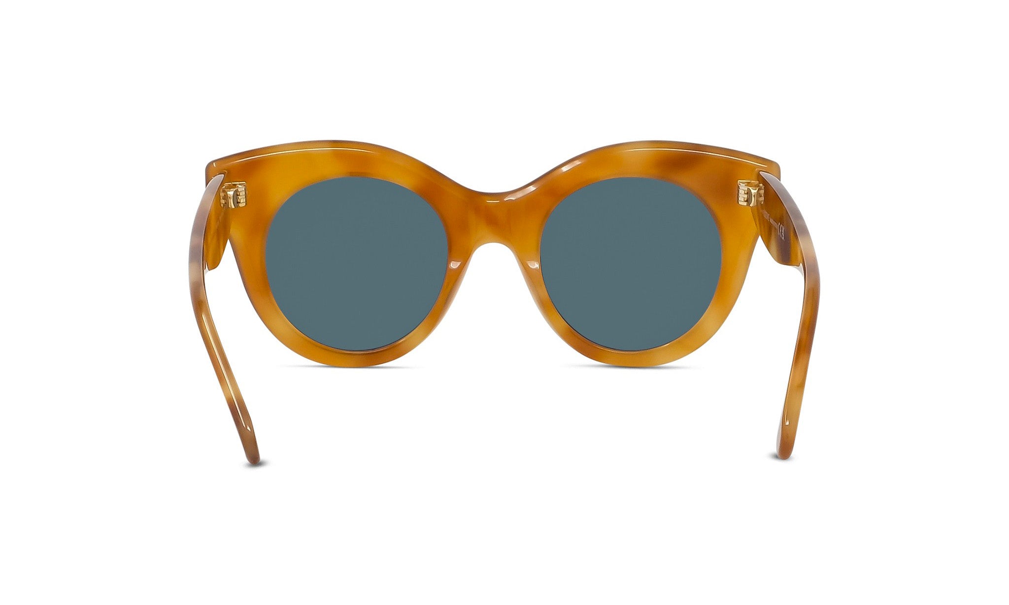 A pair of brown-tinted sunglasses with dark blue lenses.