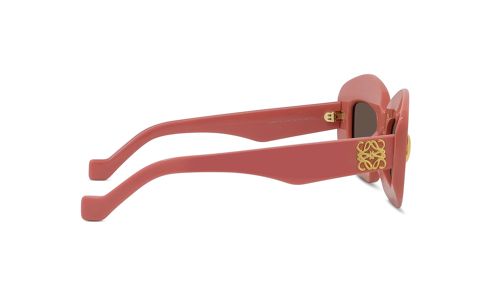 A pair of pink sunglasses with gold accents, featuring a round frame and a gold logo on the side.