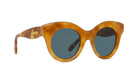 A pair of stylish sunglasses with a tortoiseshell frame and dark blue lenses.