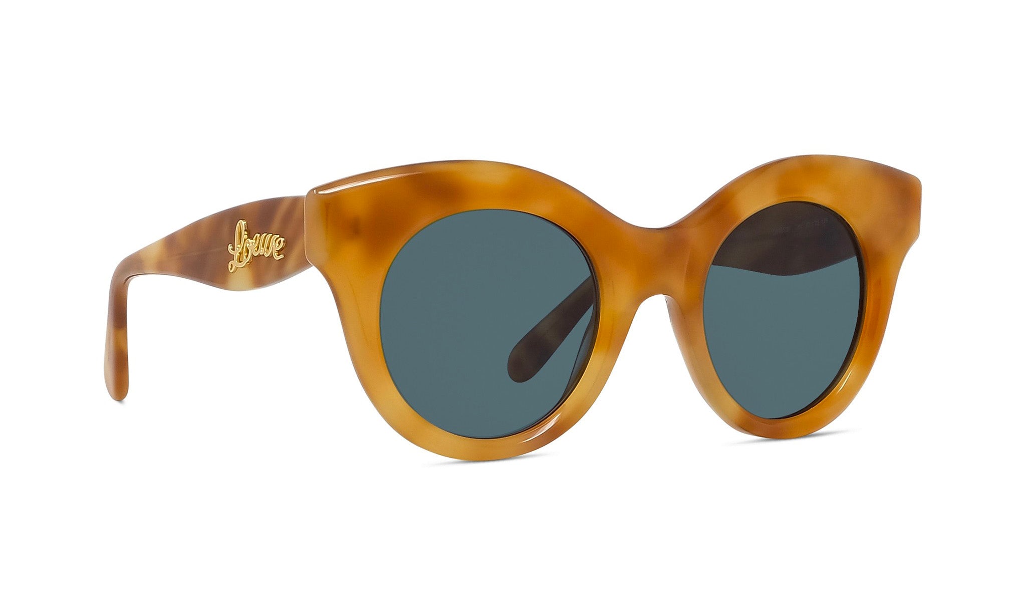 A pair of stylish sunglasses with a tortoiseshell frame and dark blue lenses.