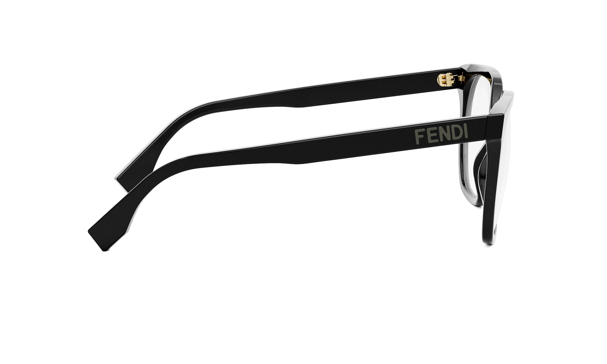 A pair of black Fendi-branded eyeglasses with a sleek, modern design.