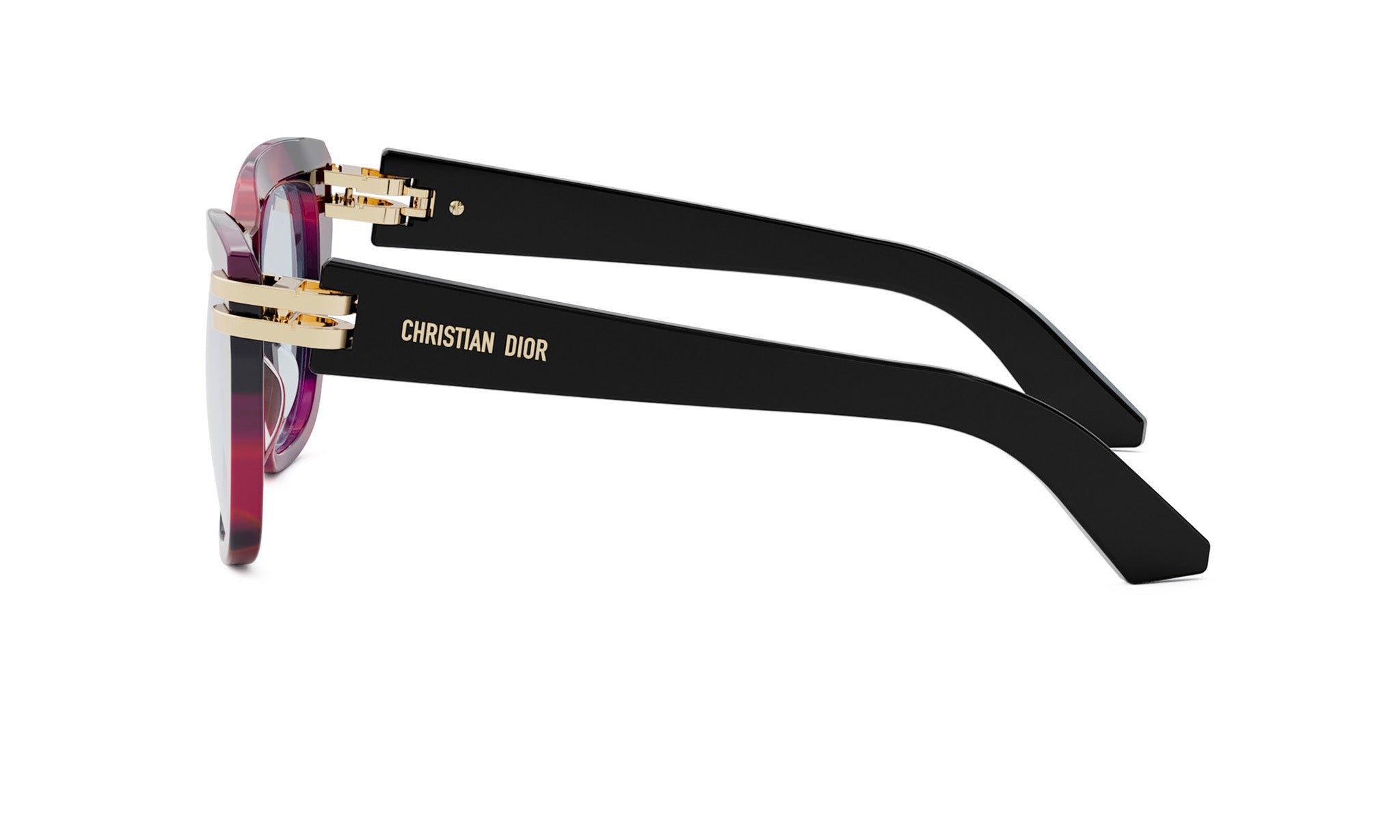 A pair of stylish sunglasses with a black frame and gold accents, featuring the Christian Dior logo.
