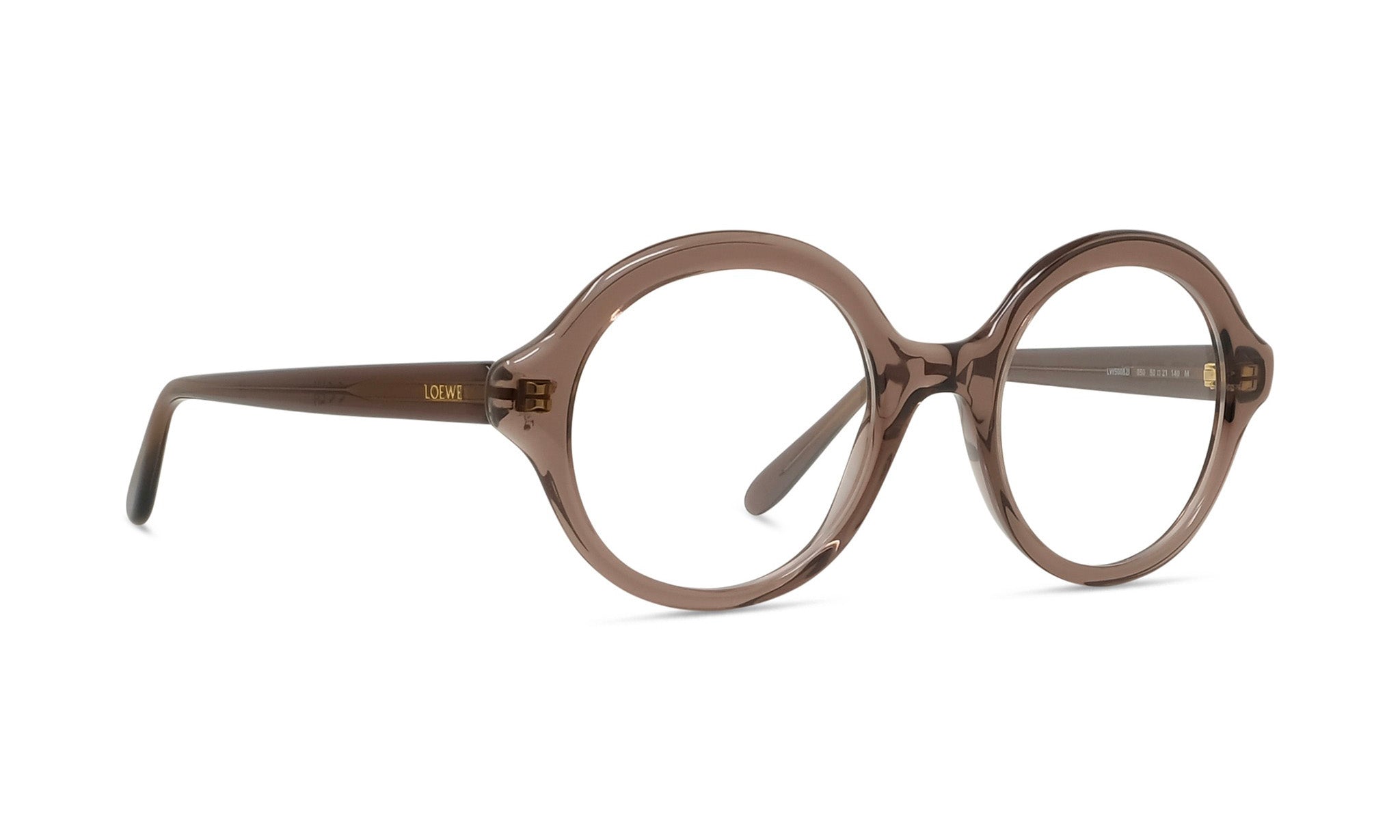 A pair of brown-framed glasses with a round, oval shape and a clear lens.