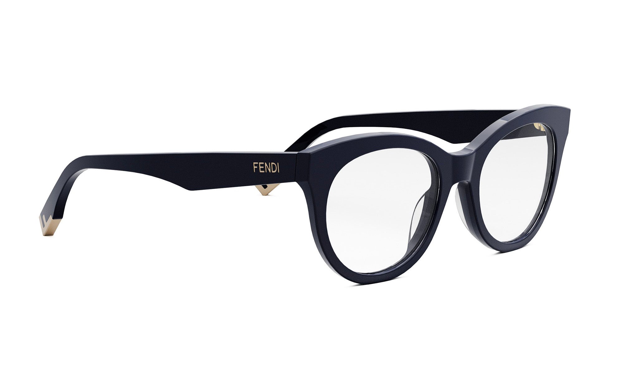 A pair of black cat-eye framed glasses with the Fendi logo on the frame.