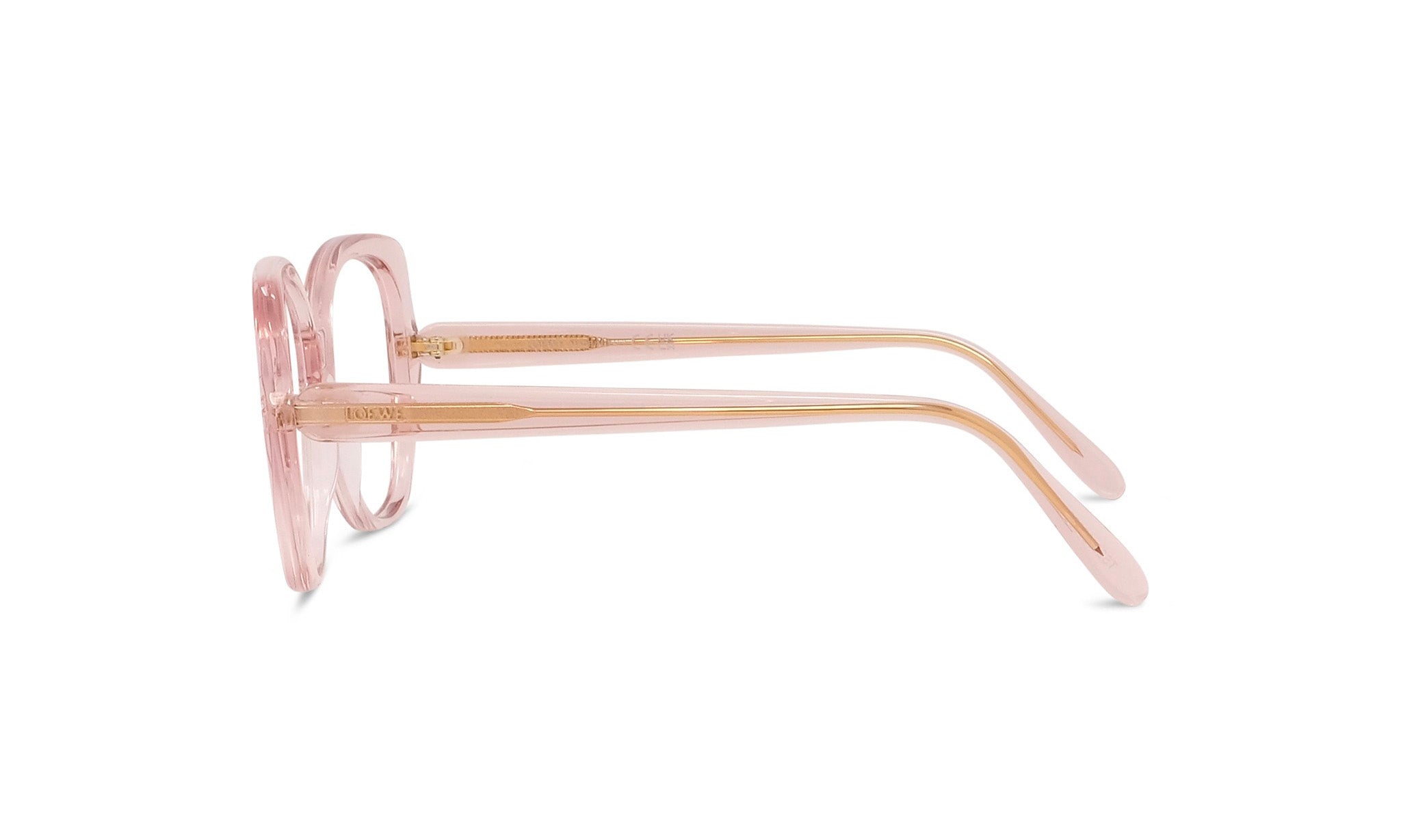A pair of pink-framed glasses with gold accents, positioned side by side against a white background.