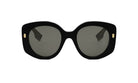 A pair of black sunglasses with dark lenses.
