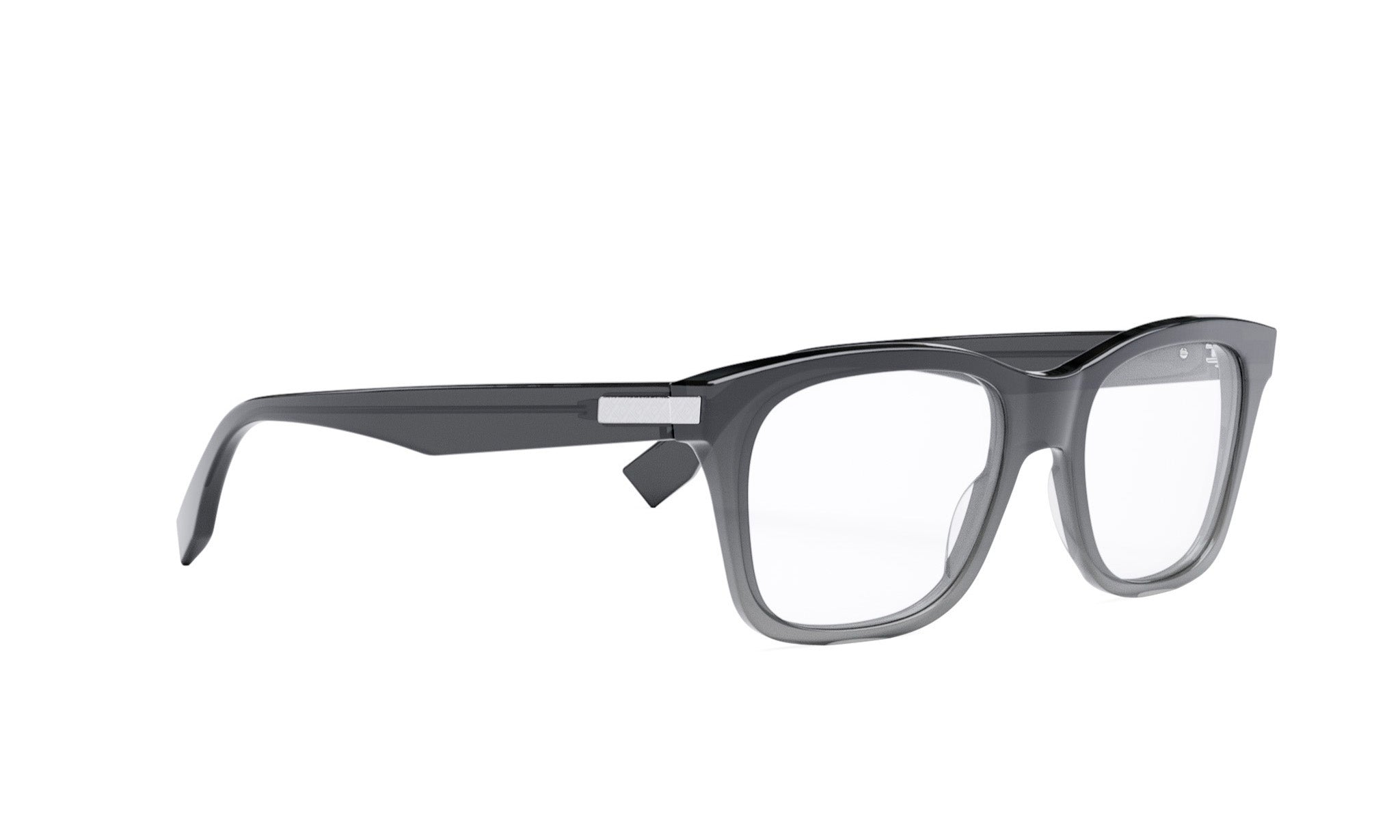 A pair of black-framed glasses with clear lenses, positioned on a white background.