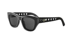 A pair of black sunglasses with a unique, intricate design on the frame.