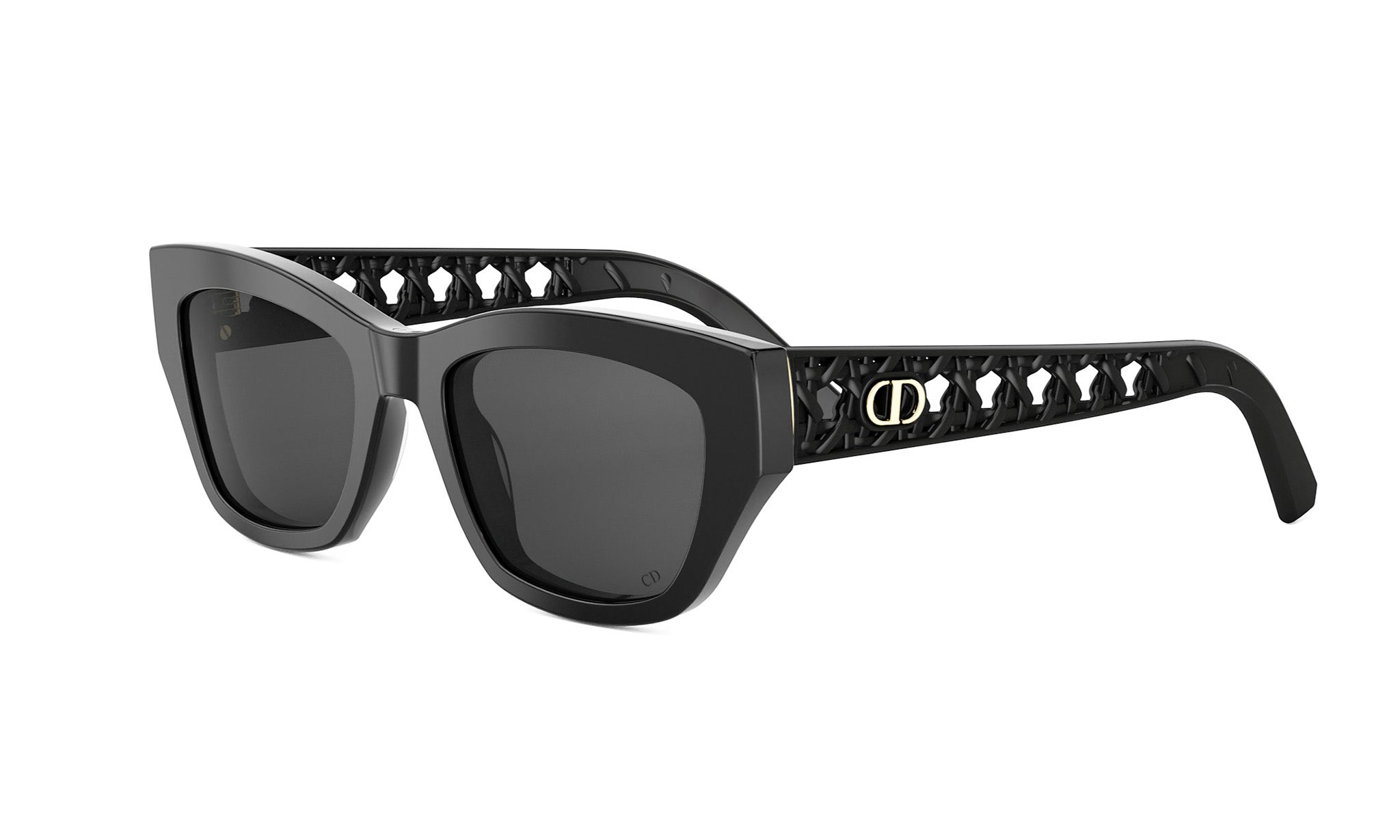 A pair of black sunglasses with a unique, intricate design on the frame.