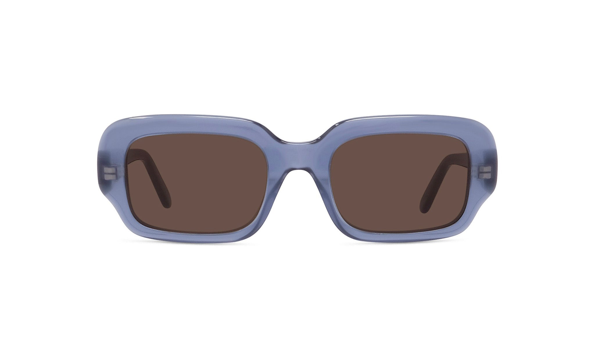 A pair of blue-tinted sunglasses with dark brown lenses.