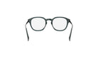 A pair of black-framed glasses with white lenses, shown from the back view.