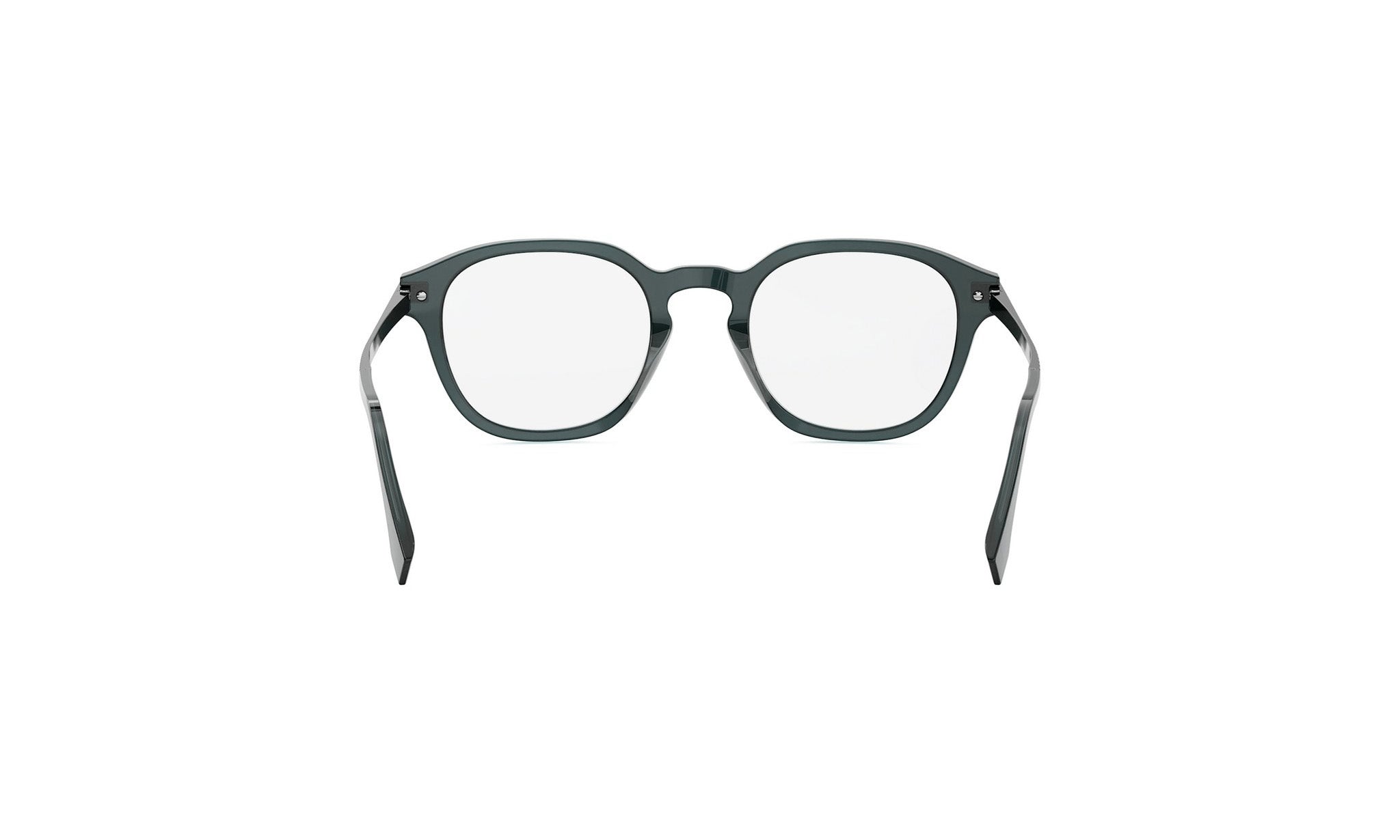 A pair of black-framed glasses with white lenses, shown from the back view.